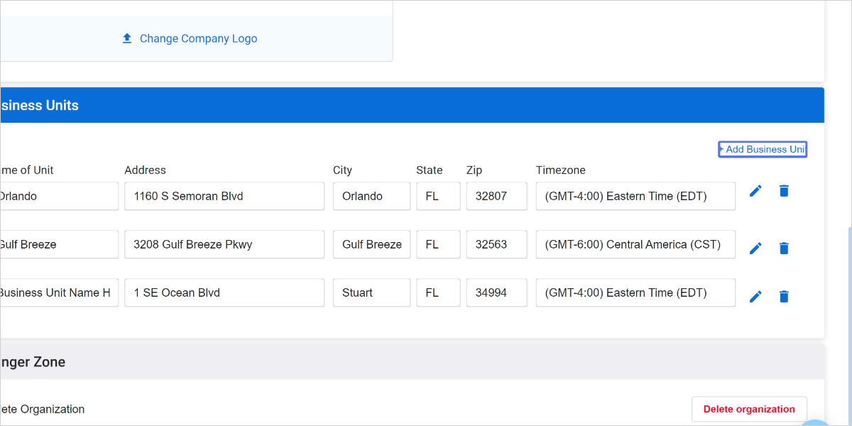 If you have only one location regardless of where the service is provided (i.e. in home, in clinic, in school, etc..) you will put in your main location. If you do not have an actual office you can use just the general city and state of where you are located. In addition to setting your location you will need to assign a timezone to your BU. The timezone that is assigned to your BU is the time that will be used throughout the platform including your scheduling. You will need to assign a timezone and City/State for each BU you add. 